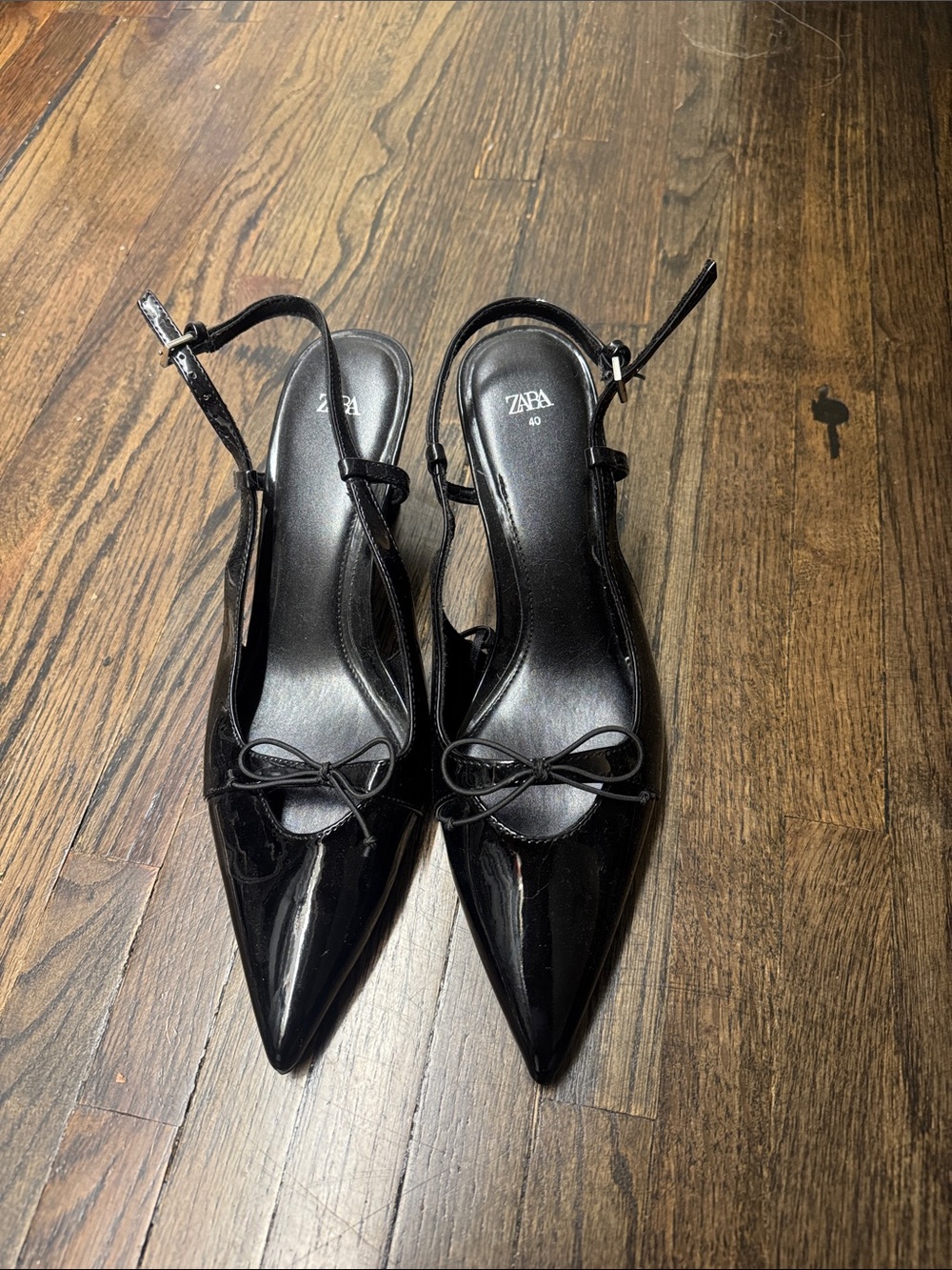 Zara Black Patent Pointed Slingback Heels with Bow